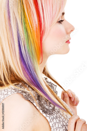Girl with rainbow haircut on isolated white (XXL size) photo