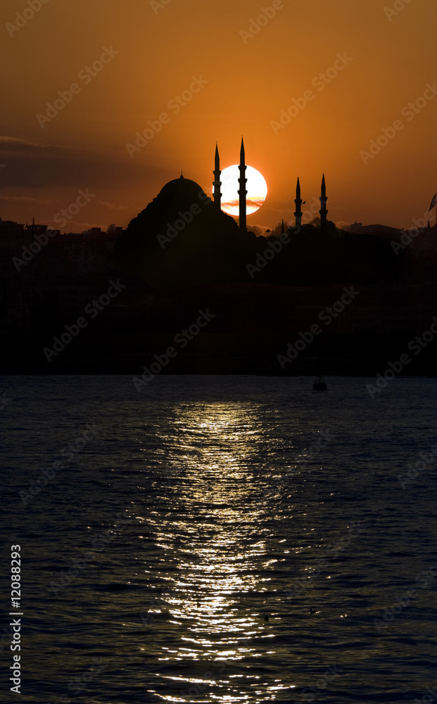 Istanbul Silhouette with Mosque and Sunset