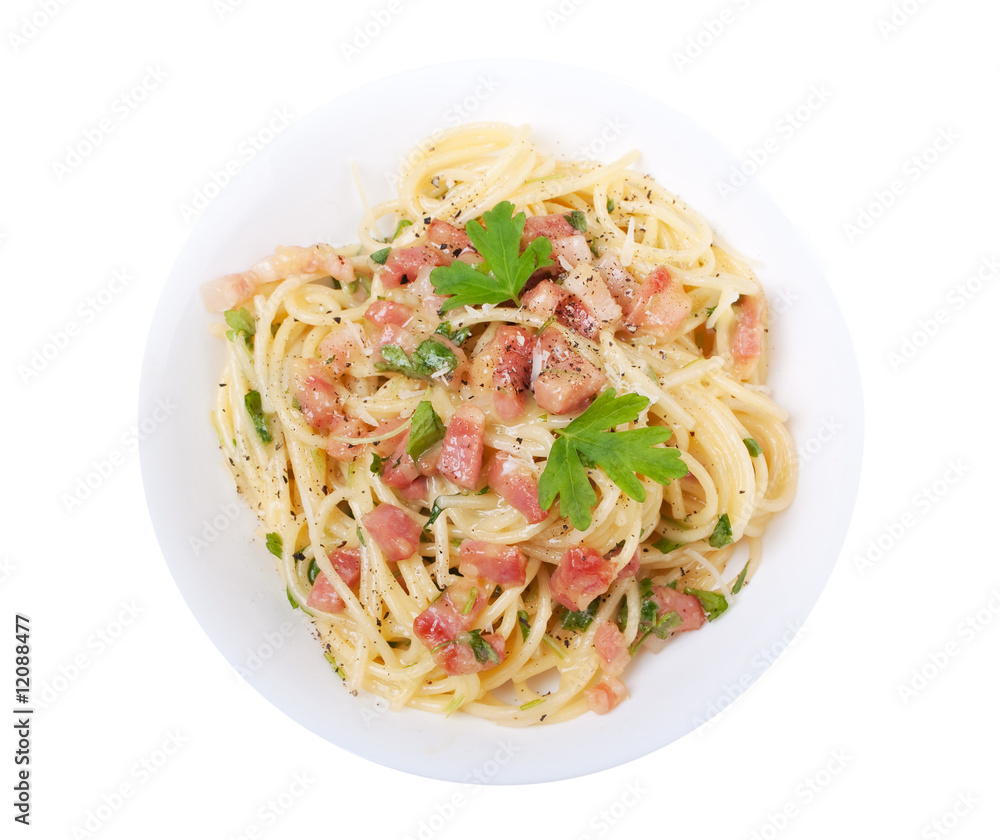 one serving of traditional spaghetti carbonara isolated