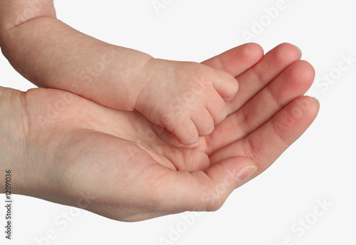 Mother holding her child's hand isolated on white background