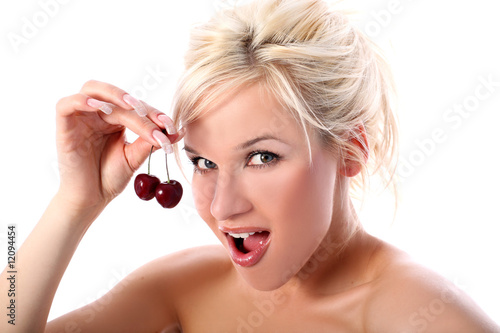 blonde with cherry isolated in white