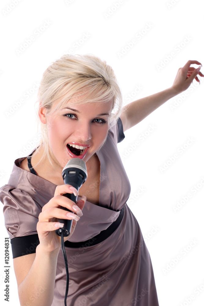 blonde with mic isolated in white