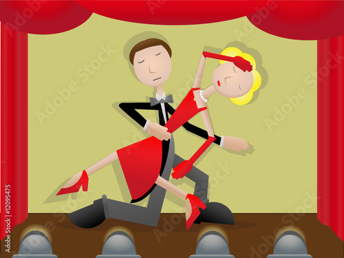 Couple on stage dancing accented curtains posing in tango