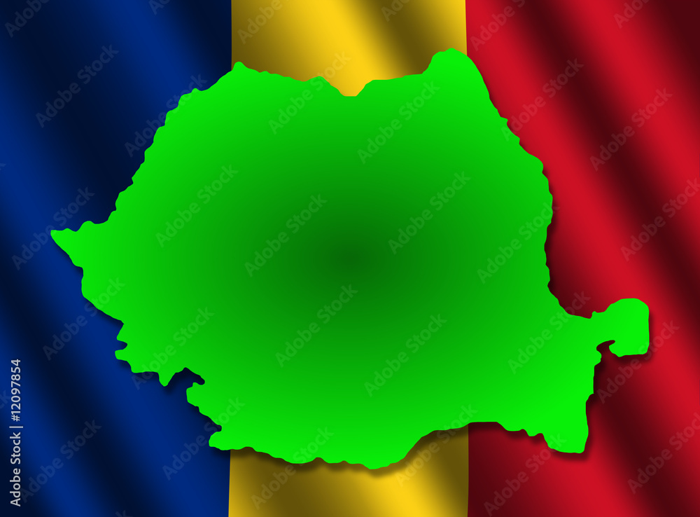 Obraz premium Romania map on rippled flag