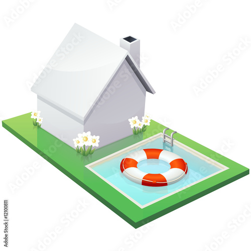 Maison blanche et une bouée dans sa piscine (détouré)