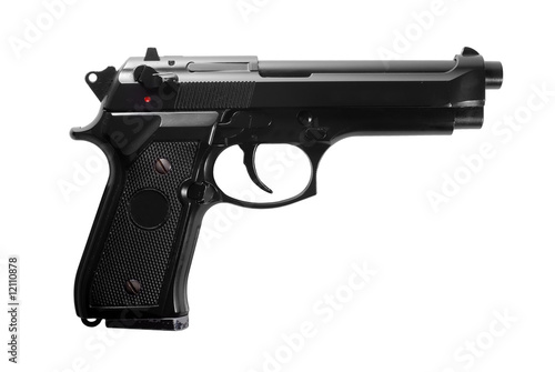Black semi automatic handgun isolated on white background photo