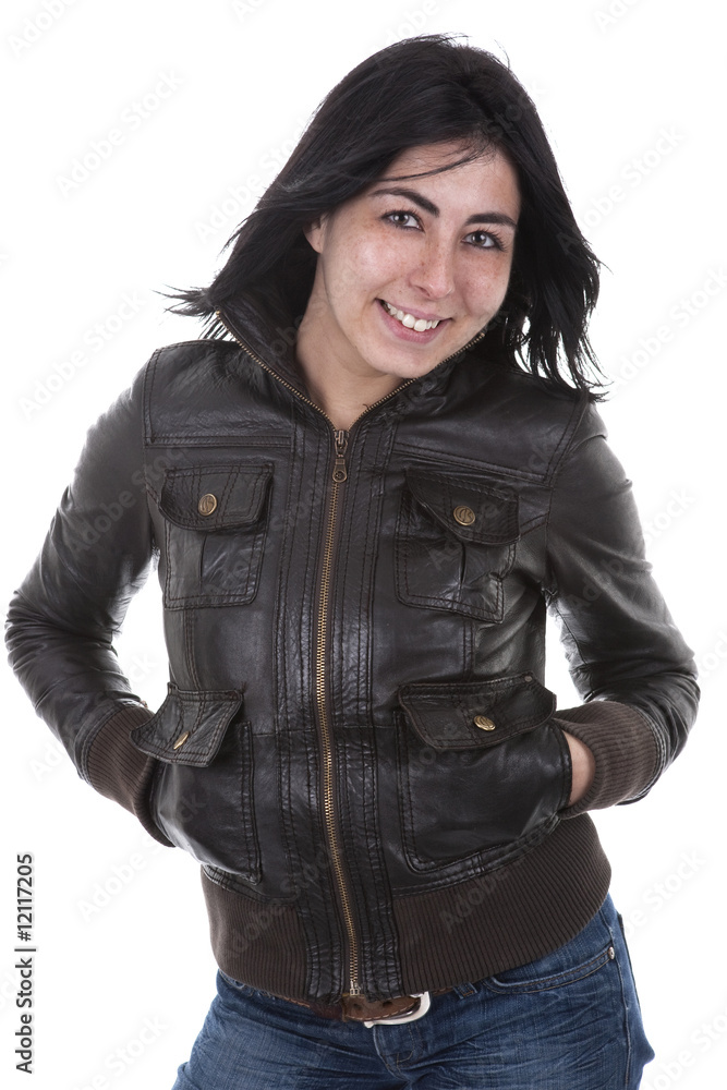 beautiful young woman smiling wearing leather jacket beautiful young woman smiling wearing leather jacket