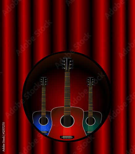 Three acoustic guitars in a cut out over stage curtains