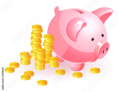 Piggy bank and coins