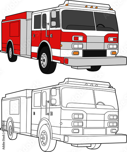 Vector Drawing of a Fire Truck - color and lines
