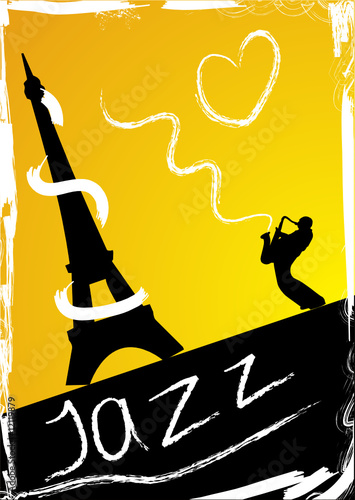 Abstract design with saxophonist and eiffel Tower