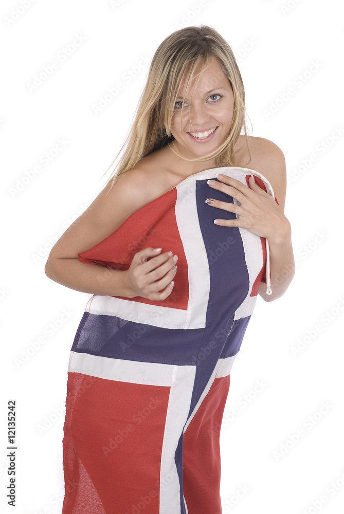 sexy beautiful young woman wrapped into a Norwegian flag Stock Photo |  Adobe Stock