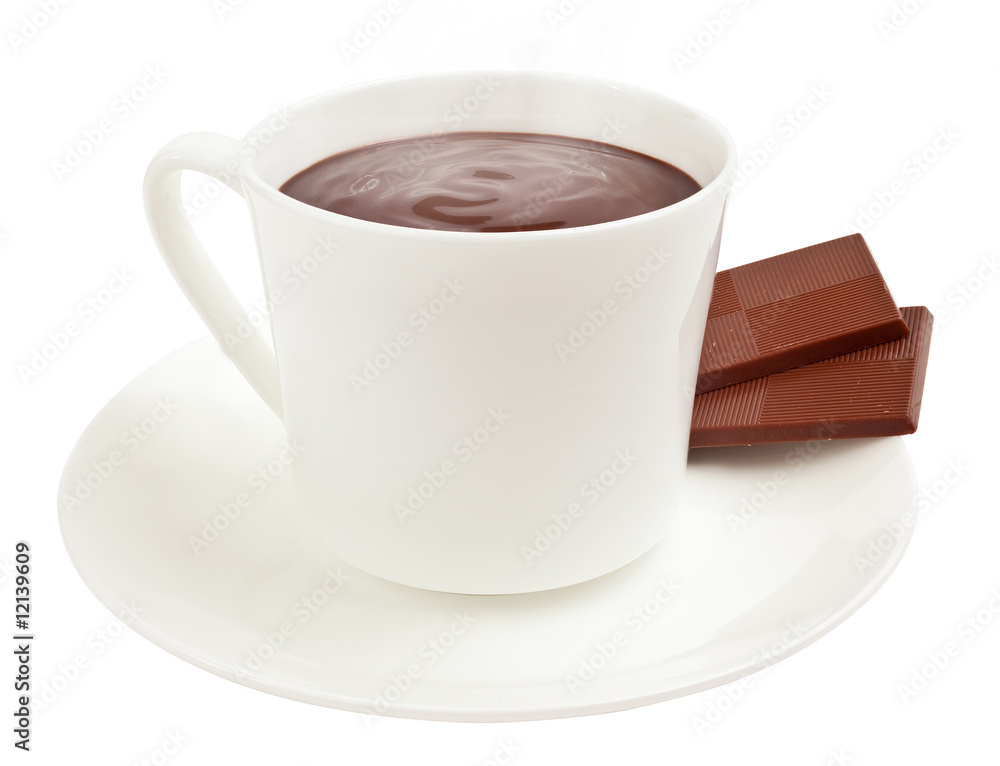 Fototapeta premium Cup of steaming hot cocoa with chocolate squares