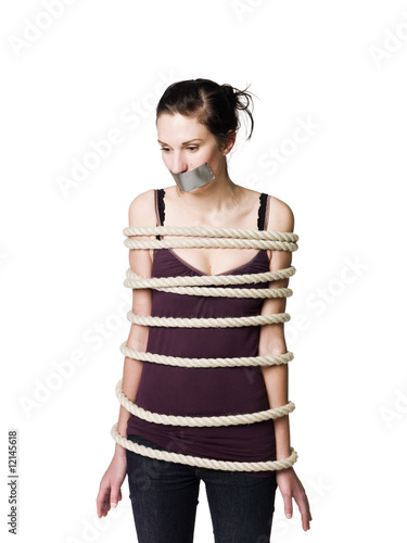 Tied up woman with tape over her mouth photo