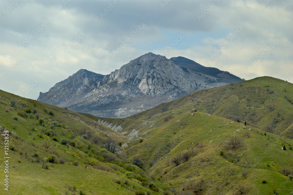 Crimean mountains in spring, cloudy sky