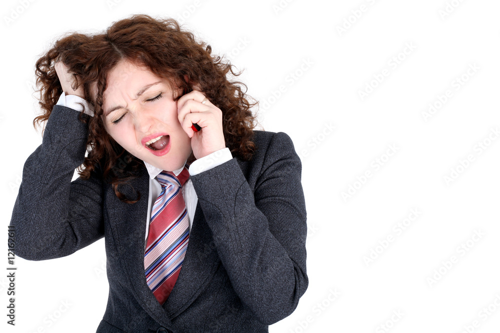 crisis - business woman with cellular phone isolated on white crisis - business woman with cellular phone isolated on white