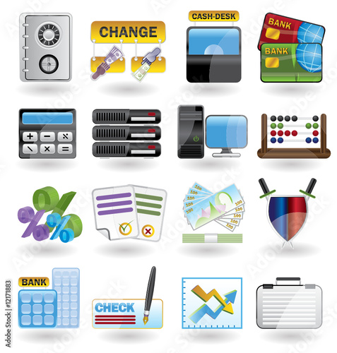 bank, business, finance and office icon set