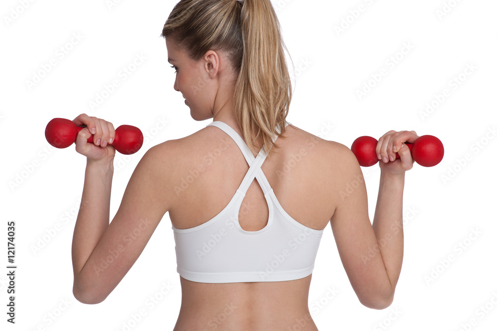 Woman exercising with red weights Woman exercising with red weights