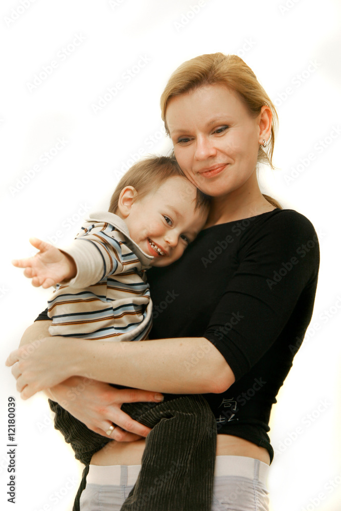 loving mother and son over white