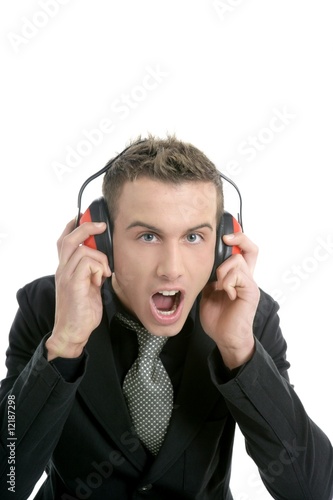 Businessman shout, noisy enviroment, headphones