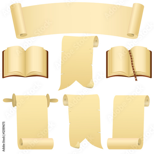 Grunge scrolls, books and banner(vector, CMYK)