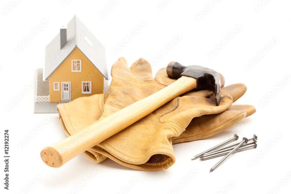 Naklejka premium Hammer, Gloves, Nails and House