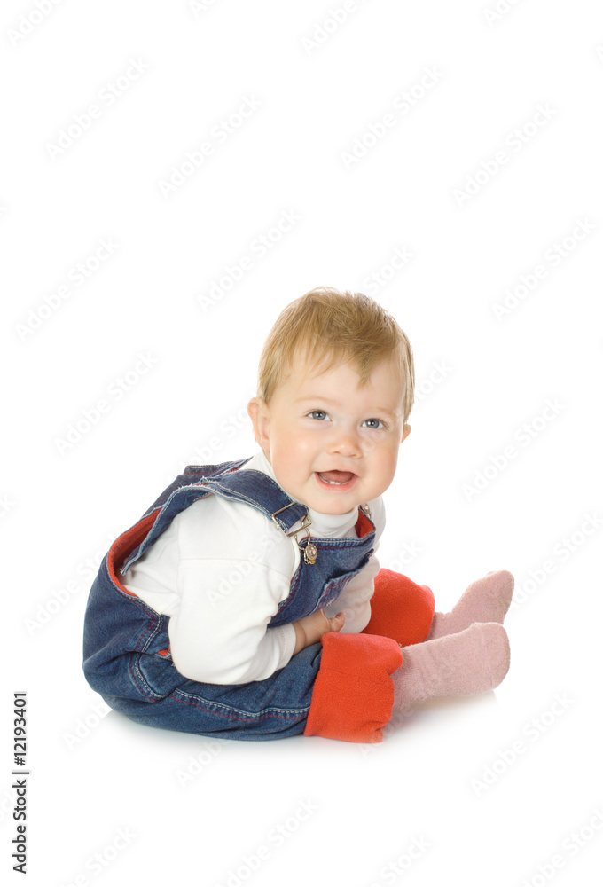 Small smiling baby in blue jeans isolated Small smiling baby in blue jeans isolated