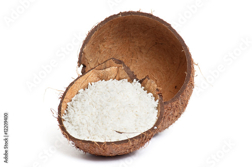Broken coconut on a white.