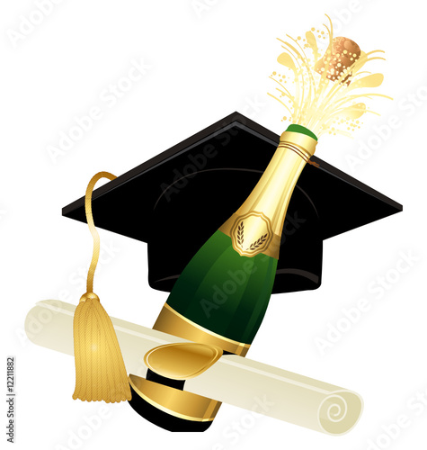 Champagne graduation hat and diploma