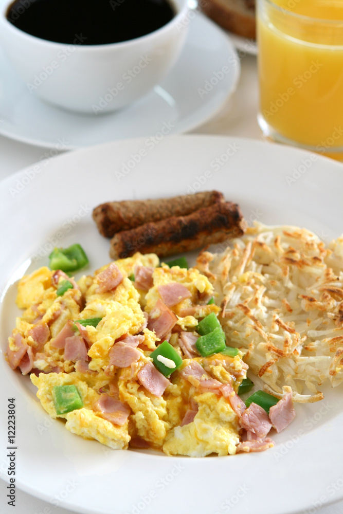 Breakfast - Scrambled Eggs, Sausage and Coffee Breakfast - Scrambled Eggs, Sausage and Coffee
