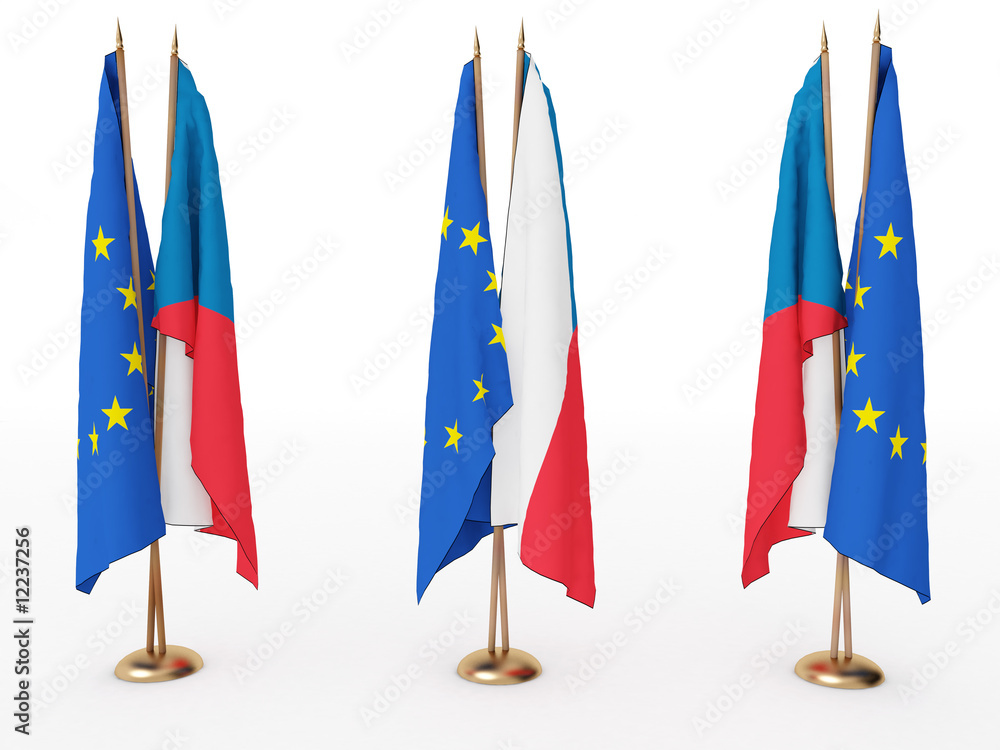 flags of EU and the Czechia isolated white flags of EU and the Czechia isolated white