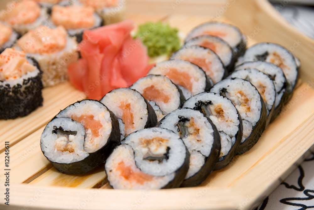 Sushi on wood plate Sushi on wood plate