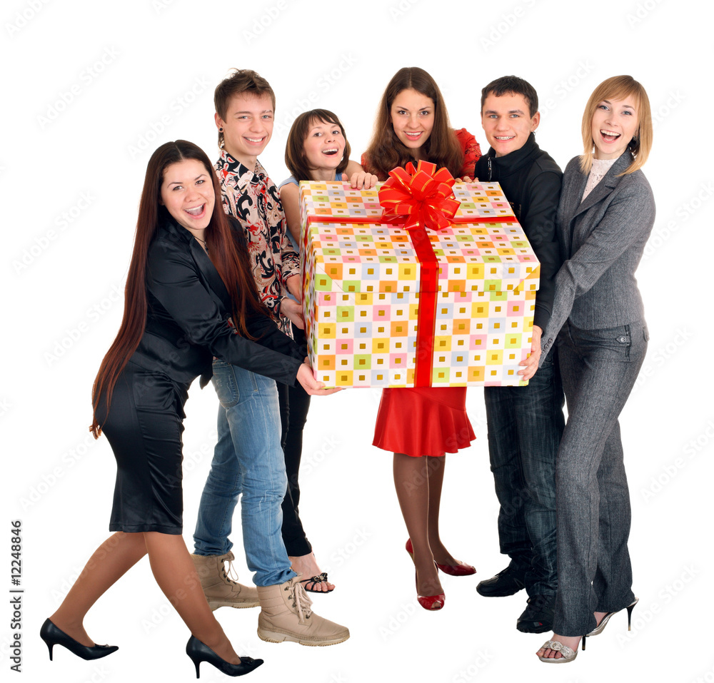 Group of people and gift box.
