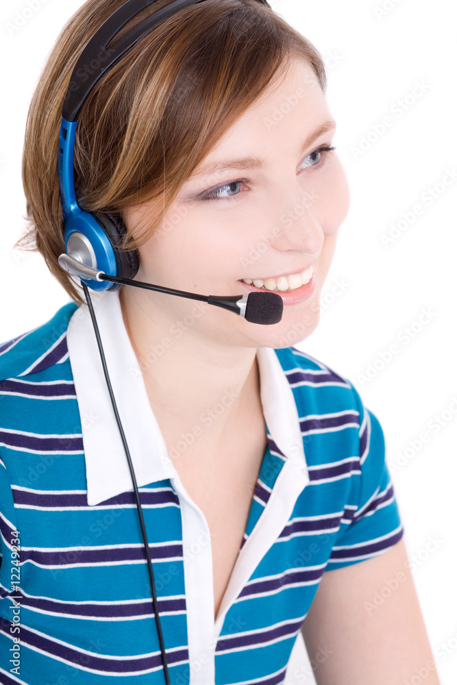 Beautiful woman talking by headphone Beautiful woman talking by headphone
