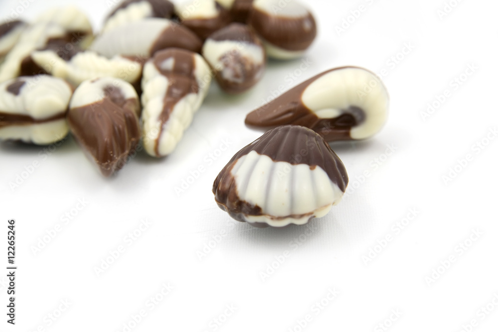 chocolate sweetmeats in form seashell on white background