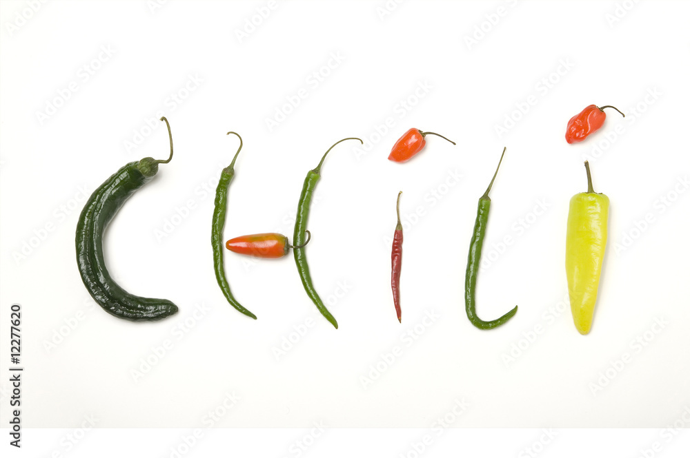 The word Chili spelled out using various chili peppers The word Chili spelled out using various chili peppers