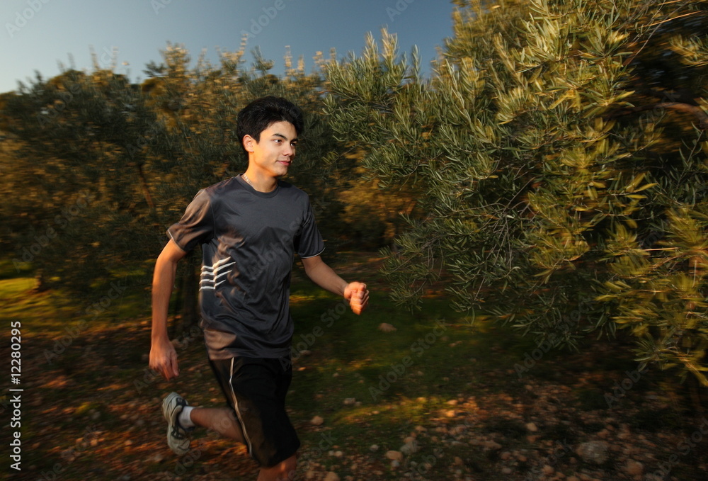 Young runner moving through sunlit olive grove.