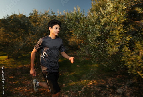 Young runner moving through sunlit olive grove.