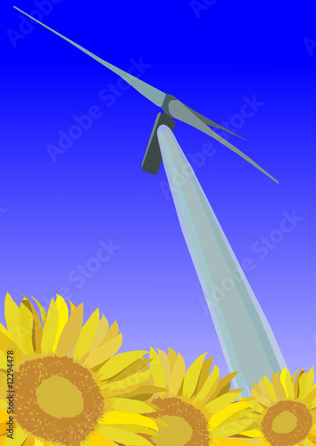 eolienne et tournesols