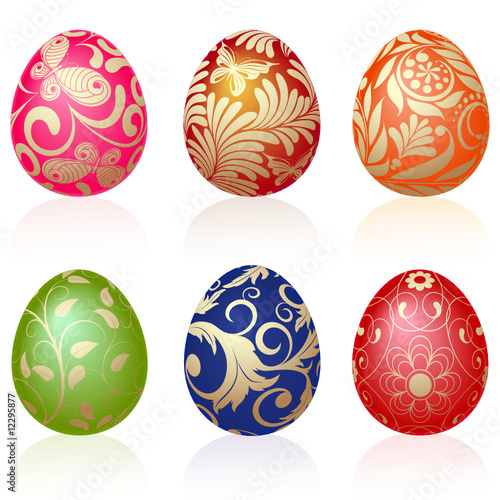 Set of six Easter eggs with gold ornaments