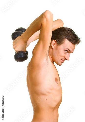 naked man with dumbbells