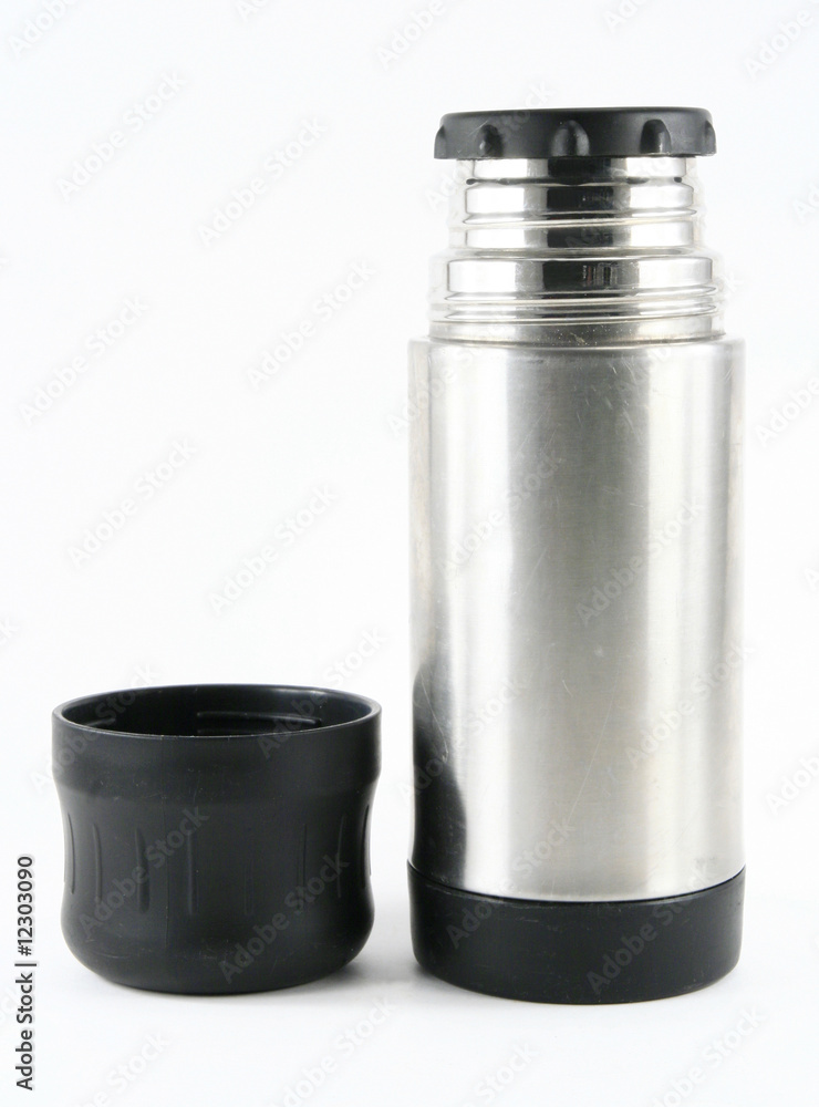 Small stainless steel thermos with top off Small stainless steel thermos with top off