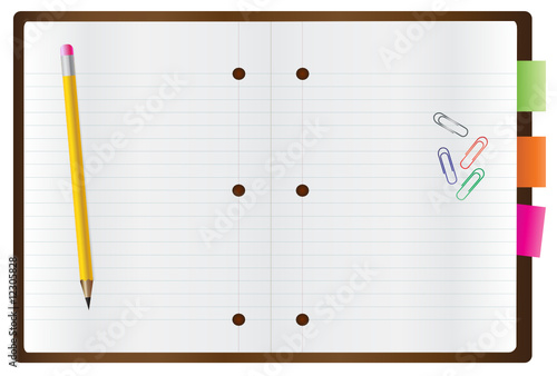 Vector of blank notepad with a pen and paper clips