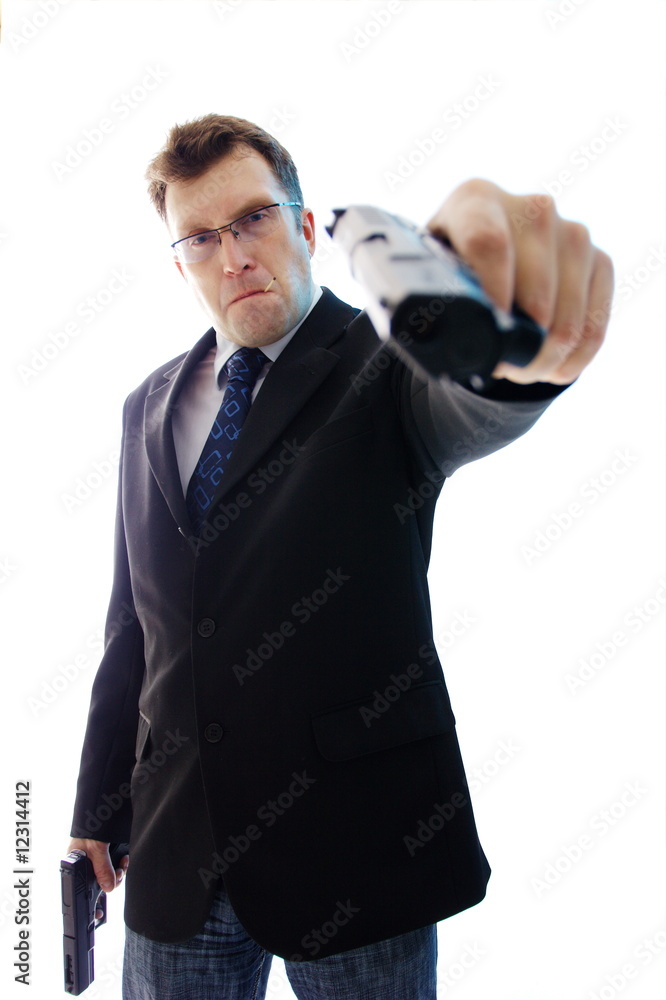 criminal businessman with aimed guns over white background criminal businessman with aimed guns over white background