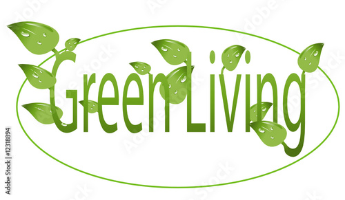 Green living logo with leaves and water drops