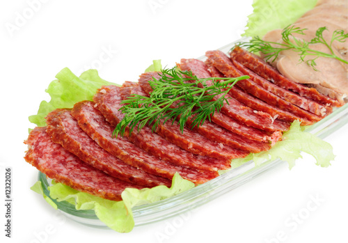 Smoked sausage and beef tongue on white background