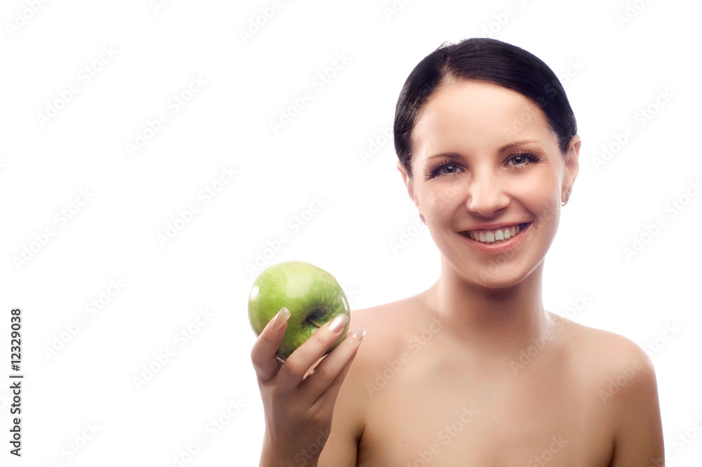 young beautiful smiling brunette with apple young beautiful smiling brunette with apple