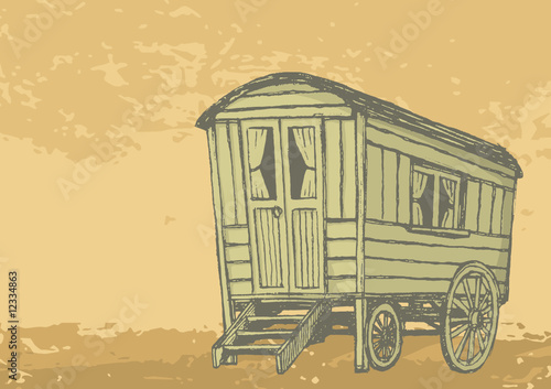 Vector sketch of gypsy caravan wagon colored in sepia tones