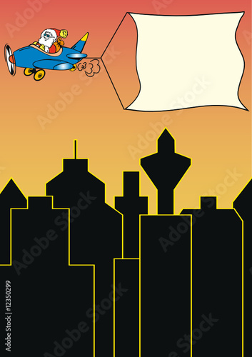 weihnachtsmann mit banner fliegt über der stadt