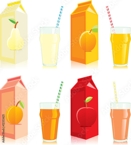 isolated juice carton boxes and glasses